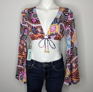 NWT Luli Fama colorful Maracuya Kisses bell sleeve crop top S